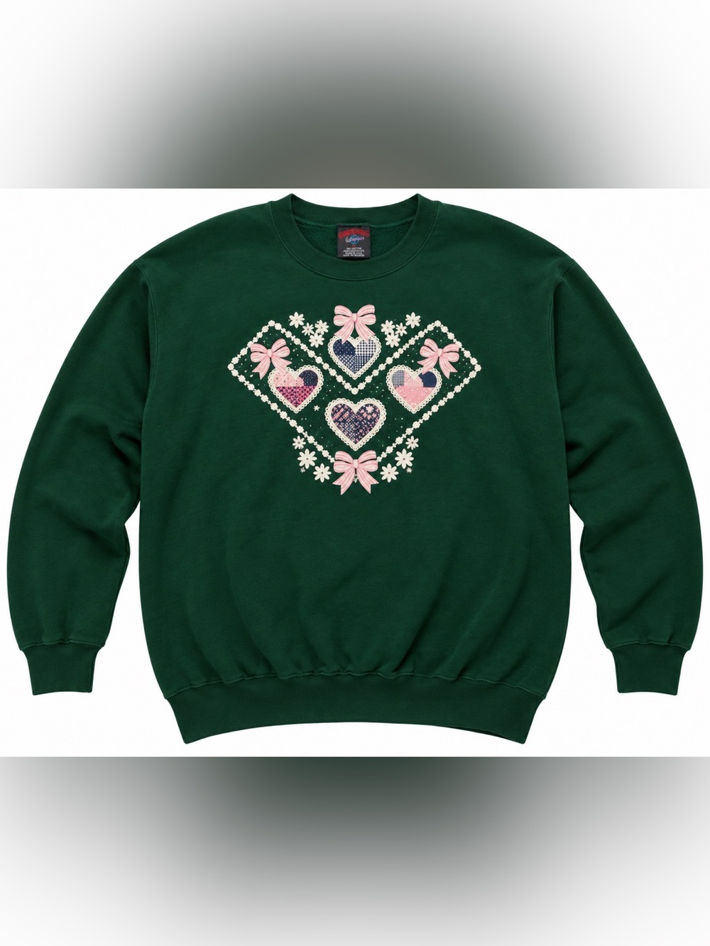 Vintage Garment Graphics Women’s XL Green Patchwork Heart Bow Sweatshirt USA